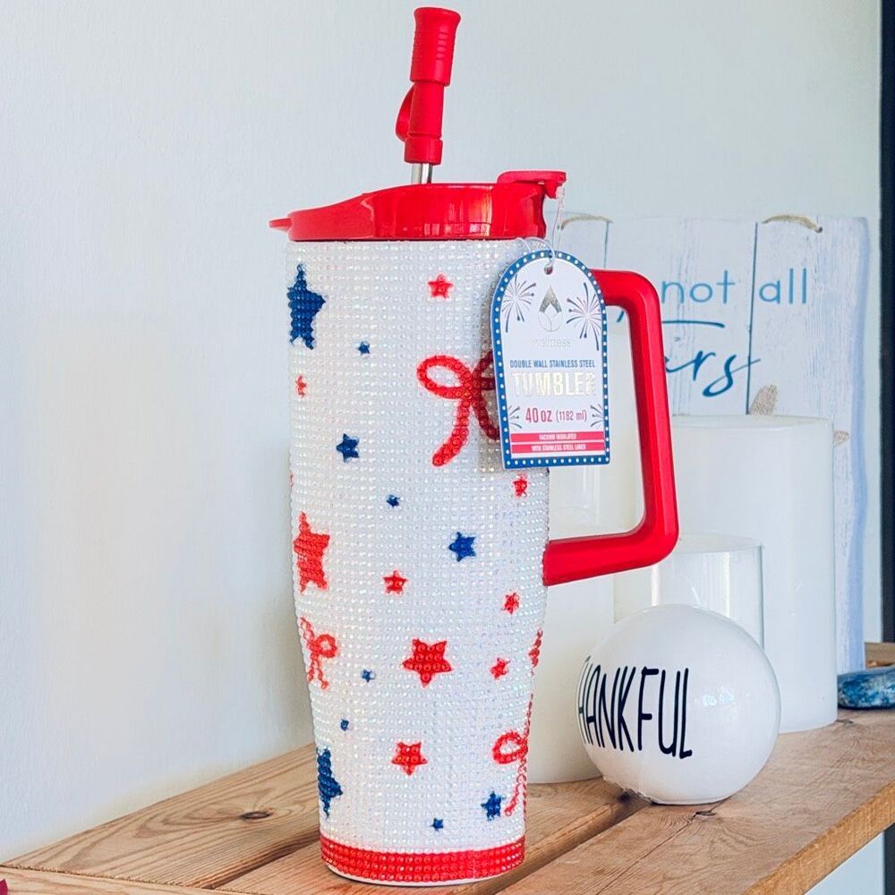 NWT WELLNESS 40oz Stainless Double-Wall Insulated Tumbler Handle Lid Straw Stars